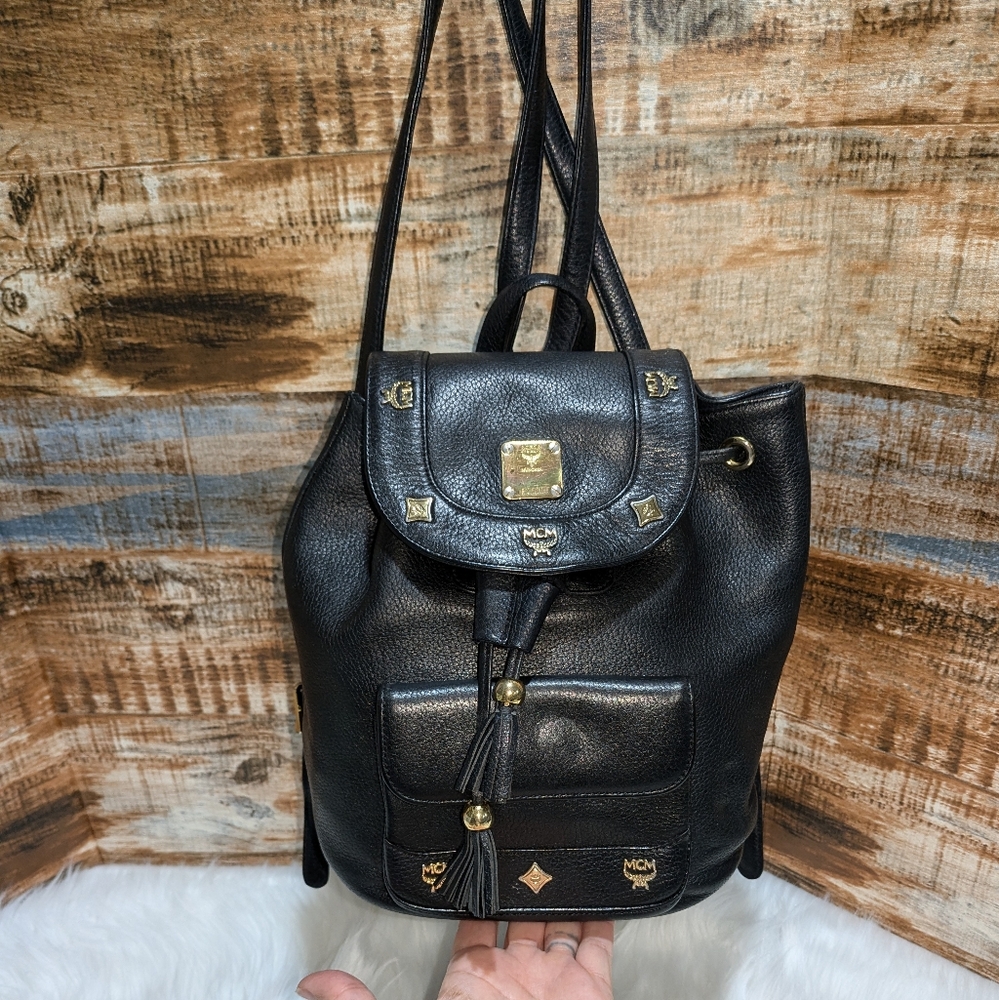 MCM Vintage German Made Black Leather Backpack w/Studs
